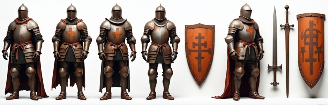 Medieval Knights Templar in rusty armor stand. Wear full helmets, capes, body protection, prominently displaying crosses. Large shields with distinct Templar cross, various historical swords also