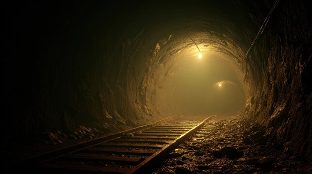 Dark Tunnel Interior with Illuminated Railway Tracks and Overhead Lighting - Powered by Adobe