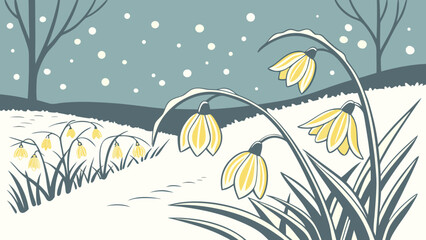 Snowdrops in the winter landscape with snow falling gently down
