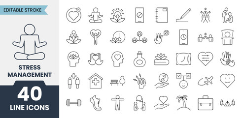 Stress Management line icons set with editable stroke. Containing. Vector illustration