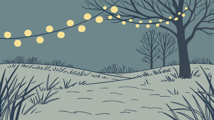A winter scene with a path and trees adorned with string lights
