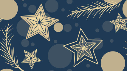 Festive navy blue background with golden stars and pine branches