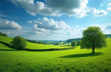 Green rolling hills under blue sky with fluffy white clouds in rural UK. A mature tree casts a long shadow across a vibrant grassy meadow in the countryside.