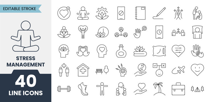 Stress Management line icons set with editable stroke. Containing. Vector illustration