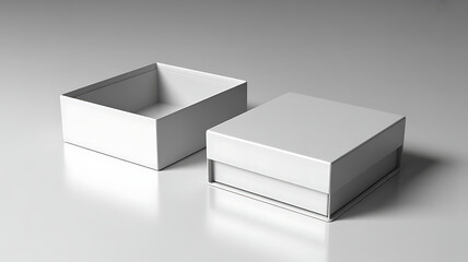 Fototapeta premium Two white cardboard boxes, one open and one closed, on a light surface, isolated on white background