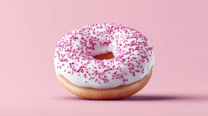 Delicious donut with white frosting and pink sprinkles on a soft pink background