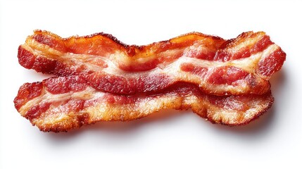 Crispy bacon strips isolated on a clean white background, overhead shot