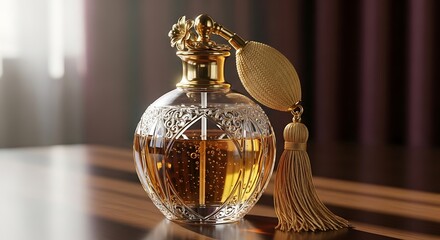 Ornate glass perfume bottle with gold atomizer and tassel.