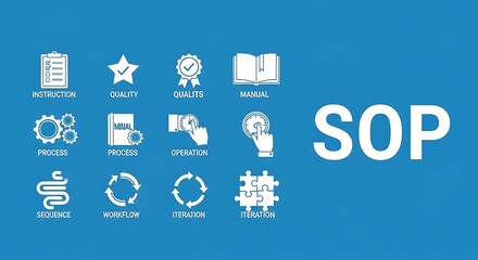 Standard operating procedure icons and text on blue background.