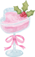 Pink Christmas Cocktail in Heart Goblet Hand drawn Watercolor Illustration