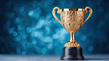 Golden trophy on a blue background, representing achievement and success