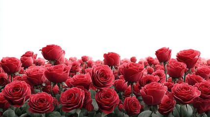 Vibrant field of red roses against a bright white background, perfect for romance
