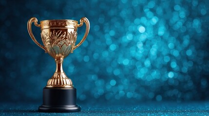 Golden trophy on a shimmering blue background, symbolizing achievement and success