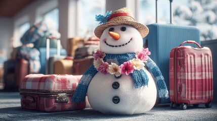 Snowman ready for vacation with luggage and festive decorations in a cozy winter travel setting