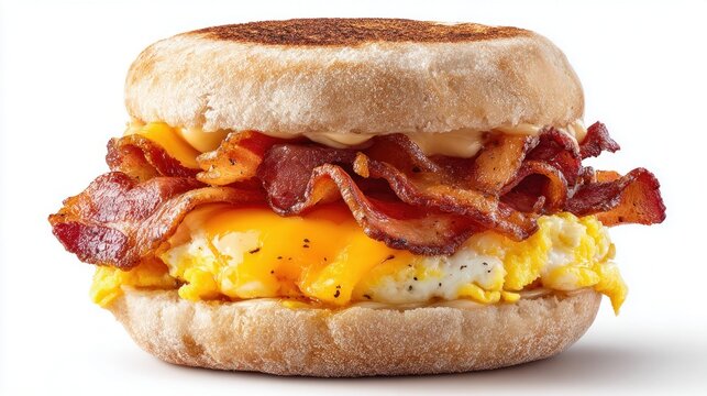 Delicious breakfast sandwich with bacon, egg, and cheese on an English muffin