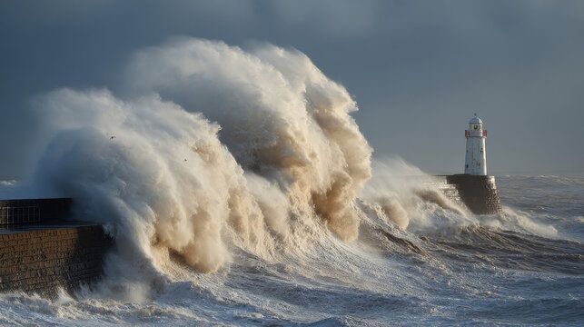 Powerful storm-driven waves crashing violently across the sea.