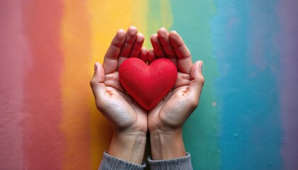 Child and adult hands cup red heart symbol. Rainbow background symbolizes love care and mental health awareness. Support and connection theme.