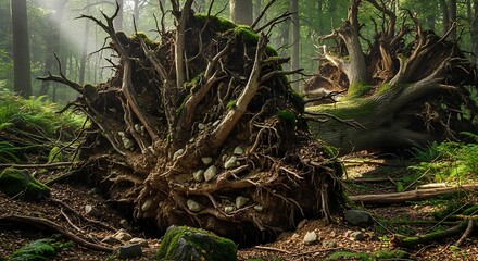 Uprooted ancient trees expose gnarled root systems in a misty forest.