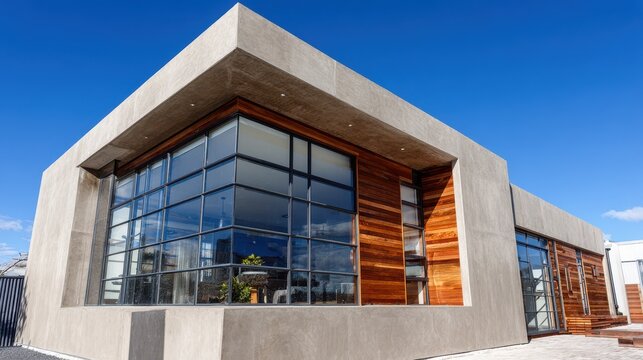 Modern Architectural Exterior With Concrete Facade and Wooden Accents Under Blue Sky - Powered by Adobe