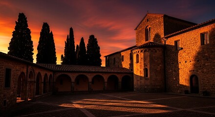 Ancient stone building courtyard at sunset with dramatic sky.
