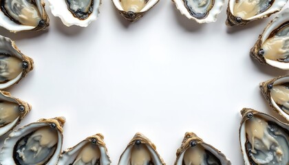 Fresh open oysters arranged on clean white surface creating a border for text or graphics. Seafood delicacy presentation with empty space for copy. Delish mollusk border.