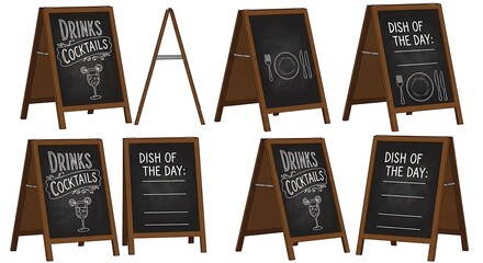 Wooden a-frame chalkboards display drink specials and daily menus.