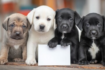 Obraz premium Group of adorable puppies looking for loving homes by a pet adoption sign in a cozy indoor setting during daylight hours