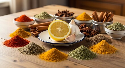 Colorful array of spices and aromatics arranged on a wooden table.