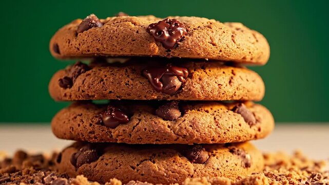 Irresistible stacks of warm, freshly baked chocolate chip cookies, brimming with luscious melted chocolate, beautifully arranged against a vibrant
