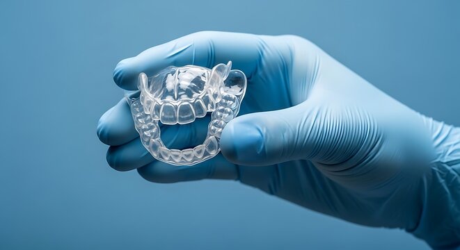 Hand in glove holds clear dental aligner on blue background.
