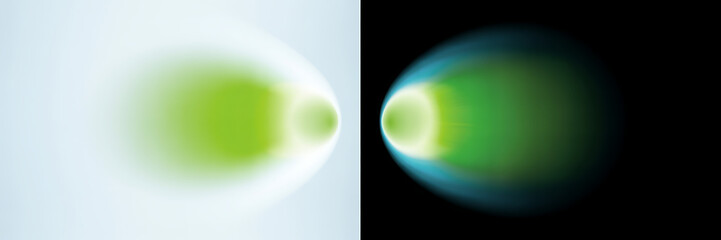 Abstract glowing green and blue light forms on split white and black backgrounds, digital art