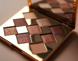 Fototapeta premium Golden eyeshadow palette with neutral matte and shimmer shades. Includes various browns and mocha tones for versatile eye looks. Perfect for everyday or glam makeup.
