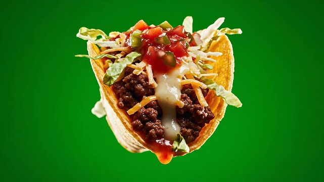 Dynamic Display of Crispy Tacos with Beef, Cheese, and Salsa on Green