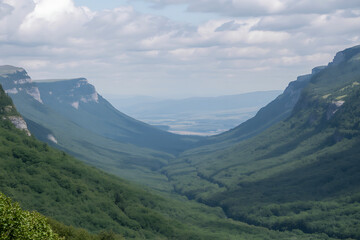 Fototapeta premium A breathtaking view of a deep, verdant valley with steep, forested slopes under a cloudy sky