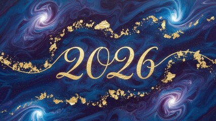 A background of swirling galaxy-like paint in deep blues and purples, with flecks of gold leaf that coalesce into the elegant numbers 2026.