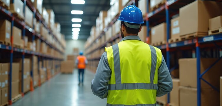 Warehouse worker walks between tall shelves stacked with cardboard boxes. Another worker in safety vest walks in background. Logistics, distribution, order fulfillment concepts.