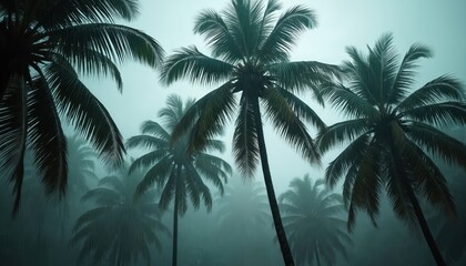 Obraz premium Illustration presents tropical rainstorm with palm trees. Intense weather conditions create dramatic moody scene. Strong wind and heavy rain affect foliage. Image conveys power of nature.