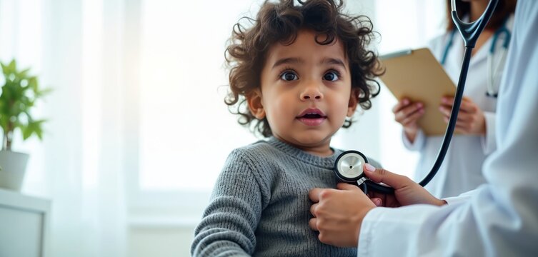 Pediatrician checks young child with stethoscope in clinic office. Doctor listens to kids chest sounds. Female physician records health info. Toddler sees medical professional for care. - Powered by Adobe