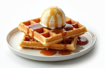 Stack of fresh waffles with ice cream and caramel sauce on a white plate. Dessert food photo on white backdrop. Sweet breakfast treat with melted syrup.