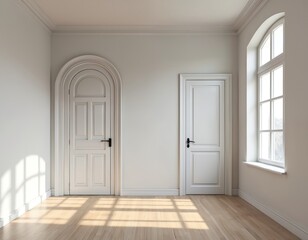 Clean empty room interior with arched, rectangular white doors, large window. Natural light streams across polished hardwood floor, casting geometric shadows on pale walls. Minimalist space offers
