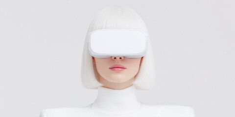 2026 color trend. Young woman with very white hair wearing white VR headset, dressed in a stylish white outfit, stands against a minimalistic background, embodying futuristic technology and innovation