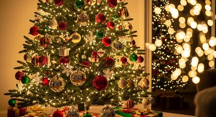 Fototapeta premium Decorated evergreen tree glows with warm lights and festive ornaments.