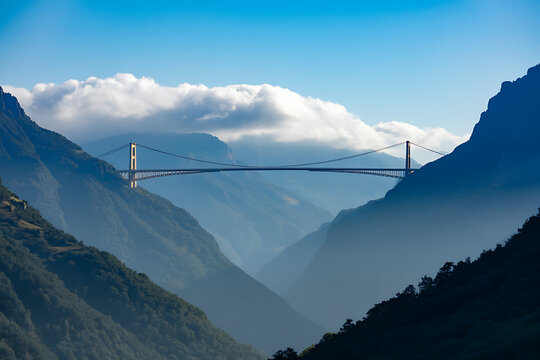 A majestic suspension bridge stretches across a deep, verdant valley between towering mountains under a blue sky