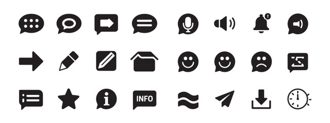 Chat and user interface icons set. microphone, volume, bell, arrow, edit, inbox, smiley, sad, info, send, download, clock