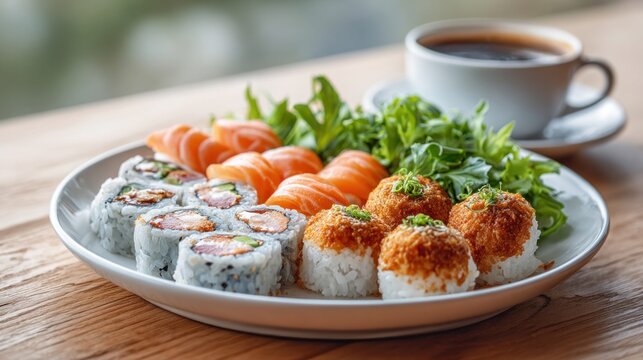 Delicious sushi and coffee arrangement on a wooden table, ready to eat