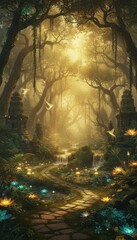 Fototapeta premium Enchanted Forest Path With Sunlight Filtering Through Trees