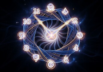 Glowing clock with abstract futuristic design on dark background.