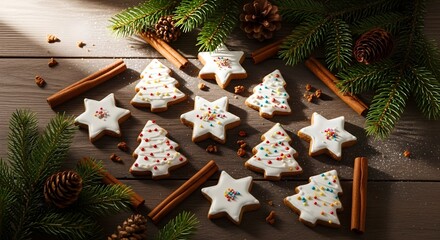Christmas cookies shaped like stars and trees are decorated with icing and sprinkles, arranged with cinnamon sticks and pine branches.
