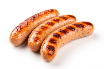 Three juicy grilled sausages with grill marks isolated on white background. Roasted bratwurst or barbecue meat for hot dog, picnic and fast food menu concepts.