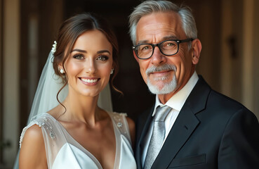 Bride poses with her godfather on wedding. Woman wears bridal gown with veil. Man wears formal suit. Groom and father share happy moment on marriage day. They smile together.